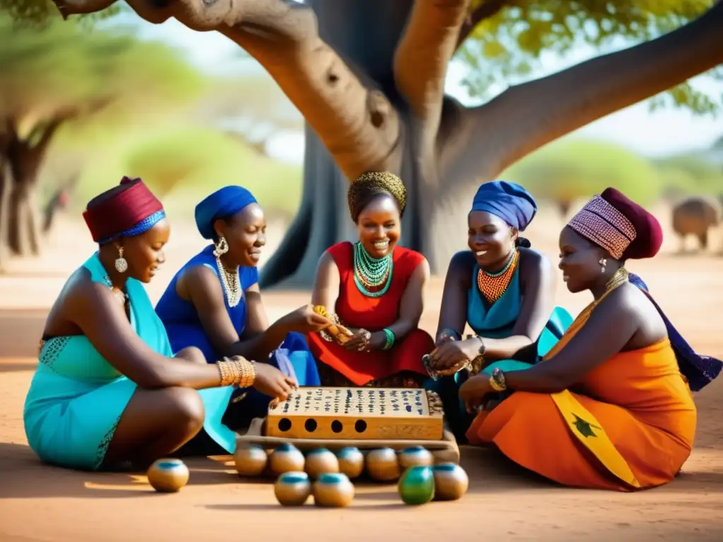 Un grupo de damas africanas vestidas con atuendos tradicionales juegan un juego de mesa africano bajo un baobab. Variantes regionales damas africanas