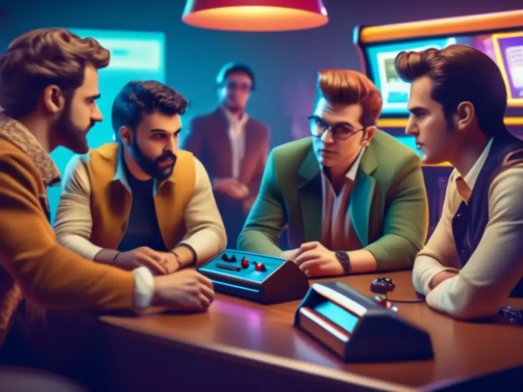 Desarrollo creativo de juegos indie con IA y nostalgia retro Un grupo de desarrolladores de juegos indie se reúnen alrededor de una computadora retro y máquinas arcade, debatiendo ideas mientras incorporan la IA en su proceso de desarrollo. <b>El ambiente nostálgico y creativo se refleja en la imagen, mostrando su dedicación a la innovación en los juegos indie.</b> Impacto de
