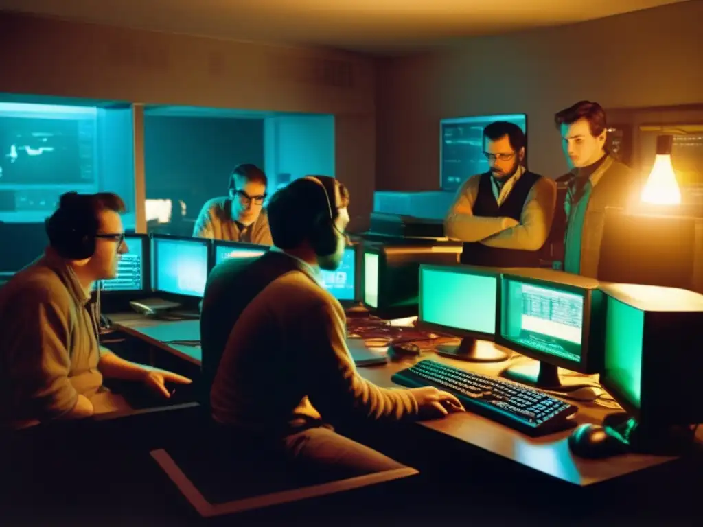 Un grupo de desarrolladores de juegos se reúnen alrededor de un ordenador, inmersos en el desarrollo de un juego para Windows con DirectX. La atmósfera nostálgica y profesional se ve reflejada en sus rostros iluminados por la pantalla, rodeados de consolas vintage, manuales técnicos y carte