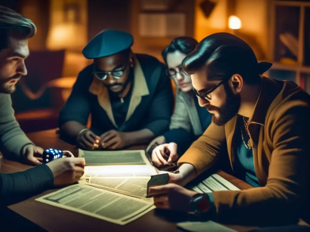 Un grupo de desarrolladores de juegos de rol vintage resolviendo problemas comunes en una atmósfera intensa y llena de camaradería.