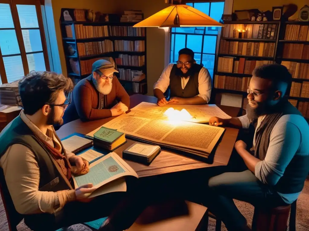 Un grupo de desarrolladores de juegos de rol colaboran creativamente en una habitación llena de libros, miniaturas y arte fantástico, iluminados por una cálida lámpara vintage.