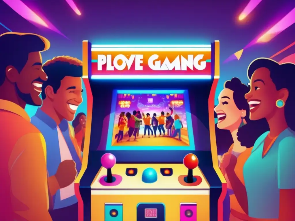 Un grupo diverso juega emocionado en una máquina arcade vintage, mostrando el impacto cultural de los videojuegos.