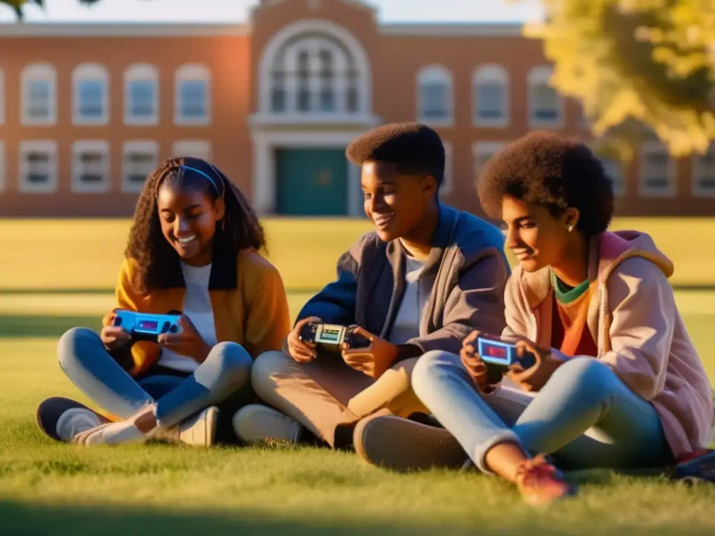 Grupo diverso de estudiantes disfrutando de aprendizaje interactivo con videojuegos en un campo soleado, rodeados de un ambiente educativo nostálgico.