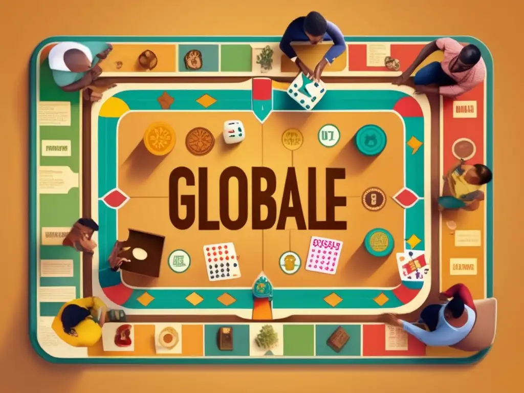 Un grupo diverso disfruta de un juego de mesa vintage, reflejando la inclusión global y la diversificación de los juegos de mesa.