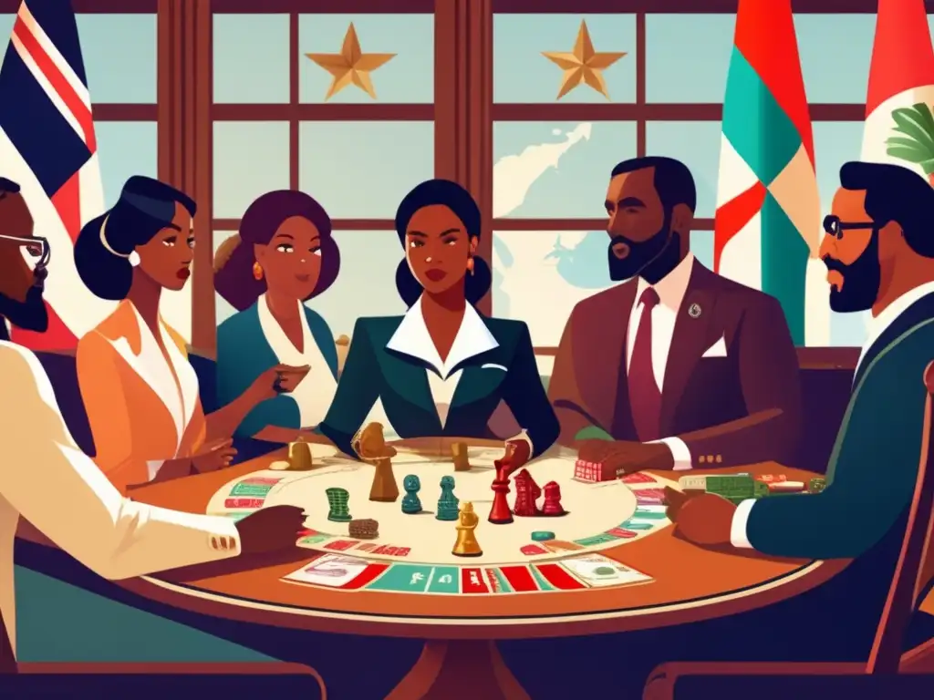 Un grupo diverso disfruta de un juego de mesa detallado en un ambiente acogedor y vintage, fomentando los beneficios de la diplomacia lúdica.
