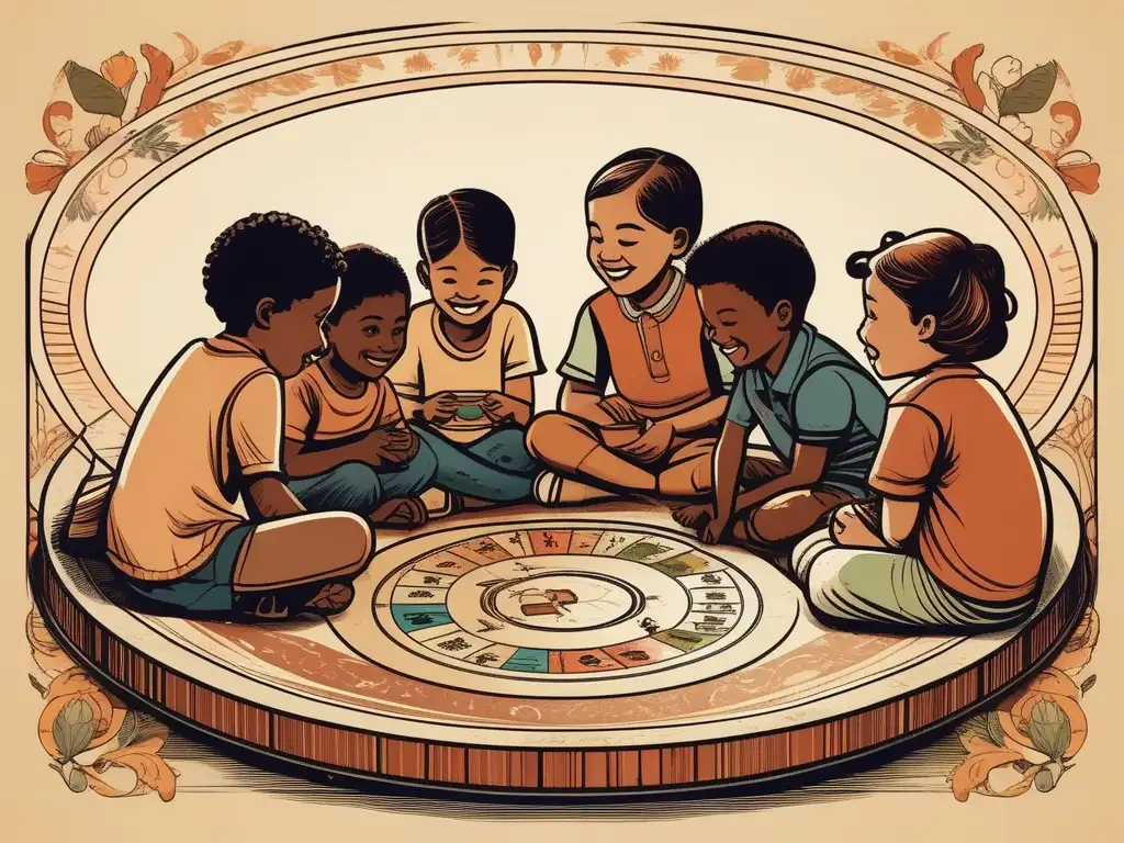 Un grupo diverso de niños juega un juego de mesa, transmitiendo alegría y camaradería. <b>La imagen captura la esencia del uso de juegos en intervención psicológica.