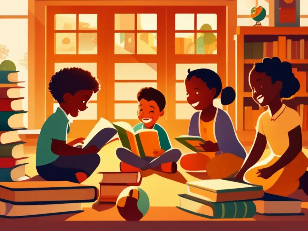 Un grupo diverso de niños sonrientes juega y aprende juntos rodeados de libros y globos terráqueos bajo la cálida luz del sol. <b>Juegos educativos redefiniendo pedagogía.