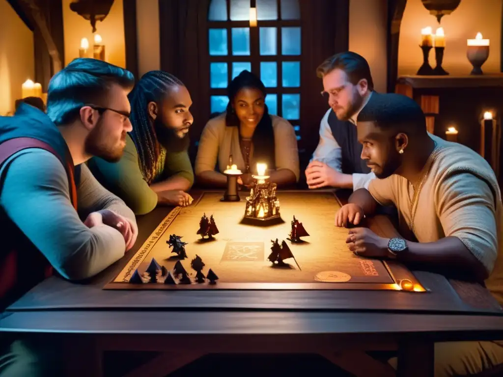 Un grupo diverso disfruta intensamente de una partida de Dungeons & Dragons. <b>El ambiente vintage y la inmersión en el juego destacan su impacto cultural.