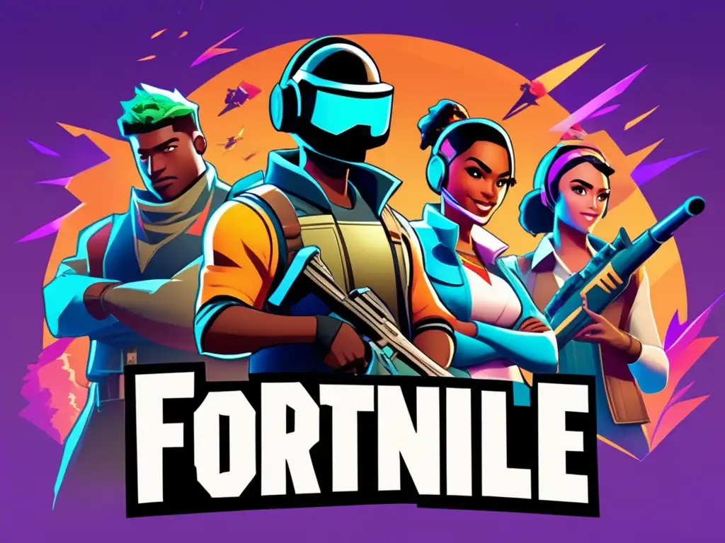 Un grupo diverso de personajes de Fortnite trabaja en equipo en un campo de batalla digital, mostrando lecciones de trabajo en equipo en el juego.