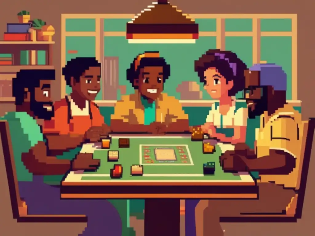 Un grupo diverso de personajes de videojuegos vintage juega un juego de mesa juntos, mostrando camaradería y la influencia social de los videojuegos.
