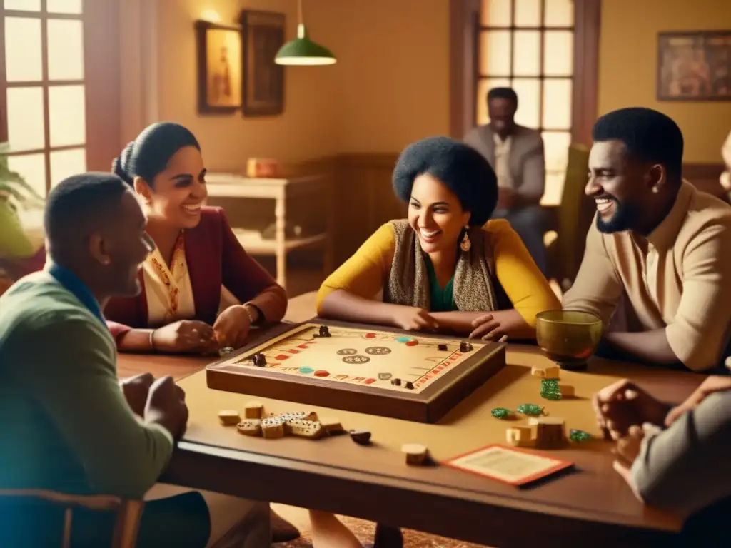 Un grupo diverso de personas juega un animado juego de mesa, reflejando el impacto cultural de los juegos de mesa en un ambiente cálido y acogedor.