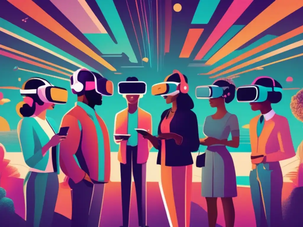 Un grupo diverso de personas usando auriculares de realidad virtual, inmersos en un paisaje digital retrofuturista. <b>Impacto social realidad virtual.