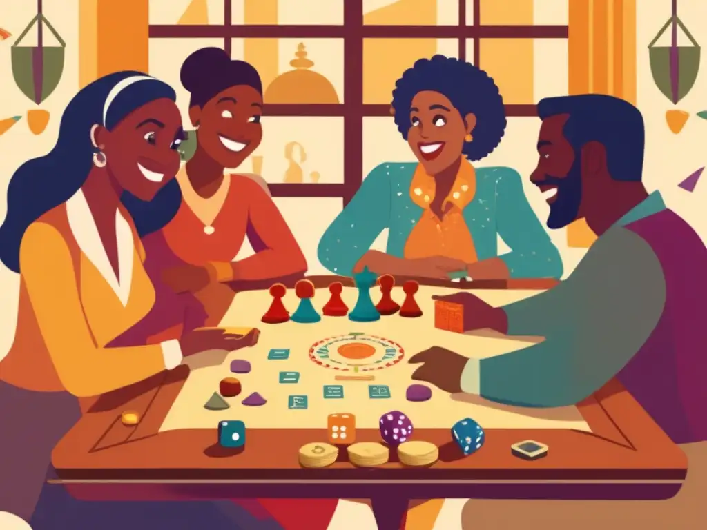 Un grupo diverso de personas disfruta de un juego de mesa con entusiasmo, mostrando la influencia cultural del crowdfunding en juegos de mesa.