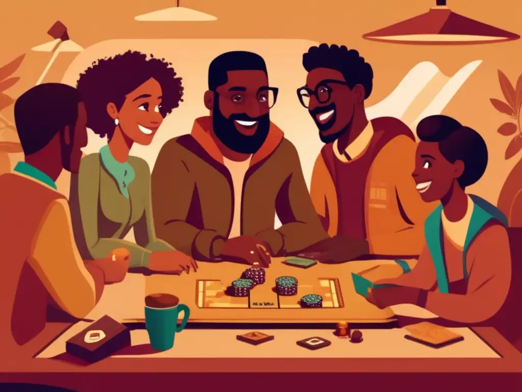 Un grupo diverso de personas disfruta de un juego de mesa juntos en una ilustración vintage. Los cálidos colores y detalles evocan nostalgia y comunidad, capturando el impacto cultural del crowdfunding en los juegos.