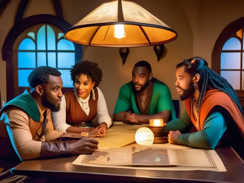 Un grupo diverso de personas vestidas con ropa vintage, jugando Dungeons & Dragons en un ambiente nostálgico. <b>Importancia de los juegos de rol.