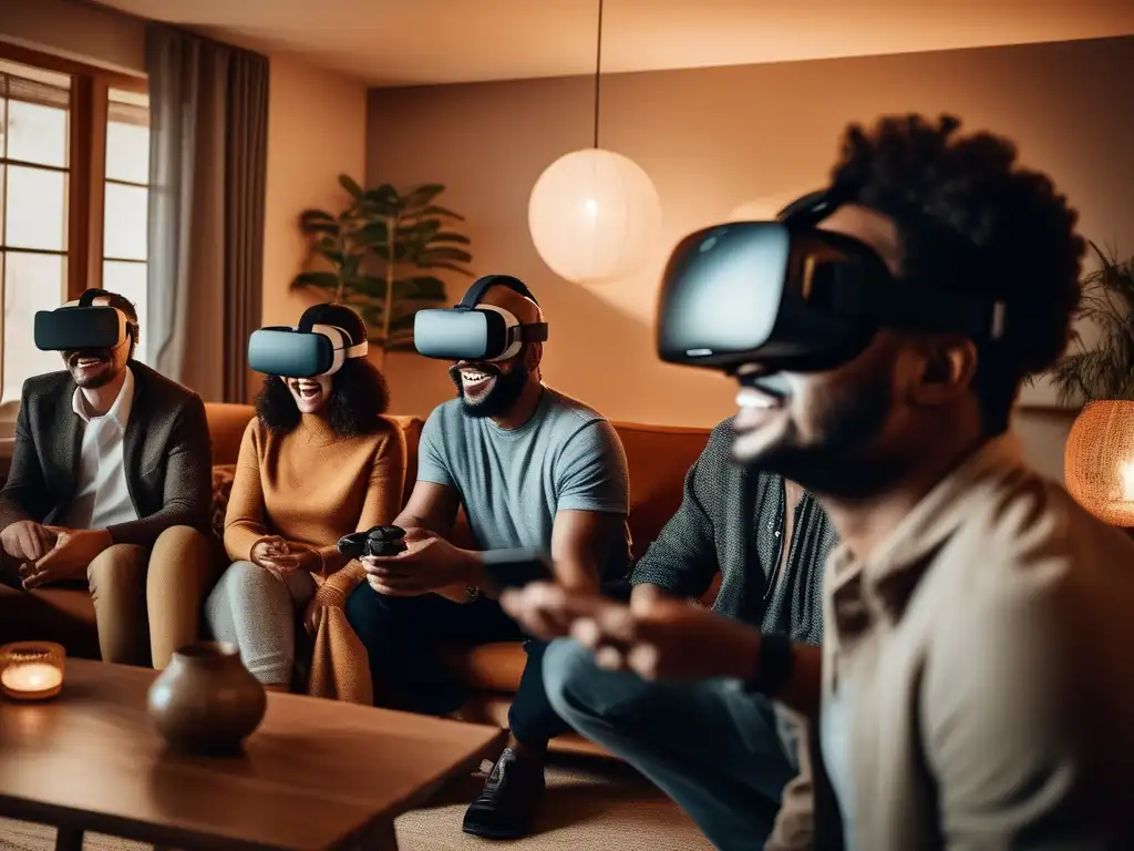 Un grupo diverso disfruta de la realidad virtual en una acogedora sala vintage. <b>Impacto social realidad virtual.