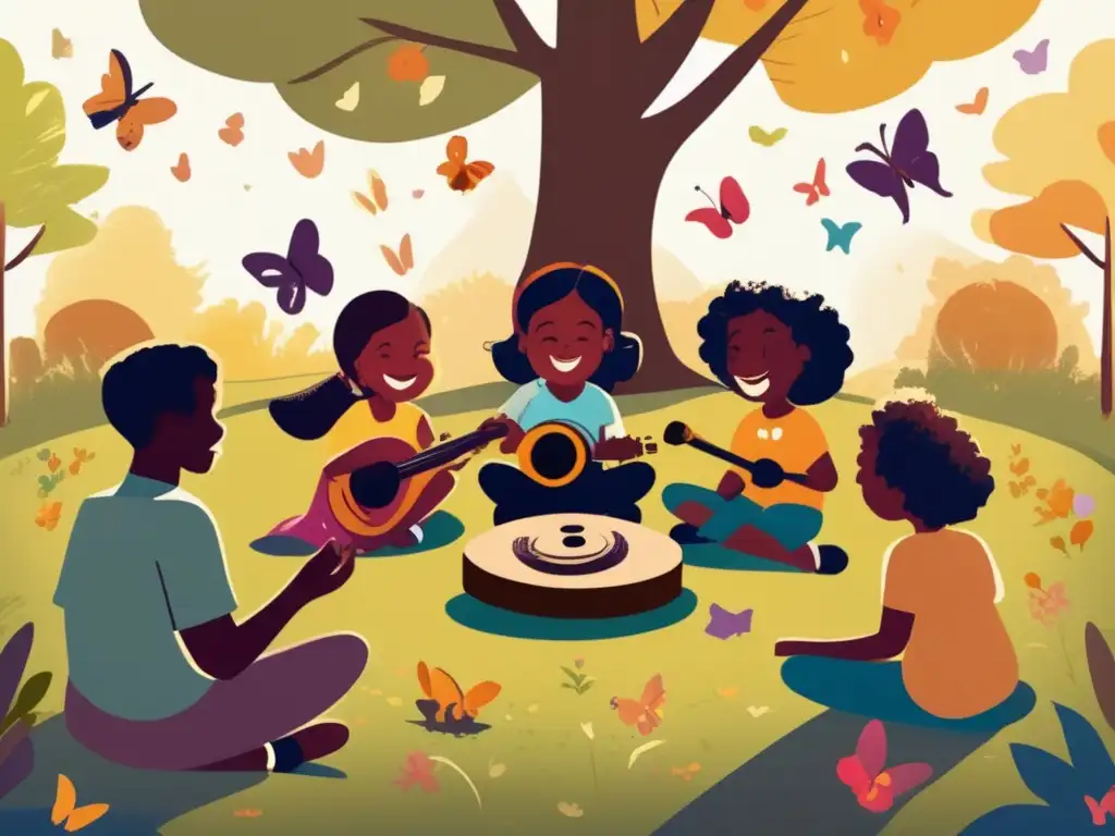 Un grupo diverso disfruta de la terapia lúdica en un campo soleado, creando un impacto cultural alegre y sereno.