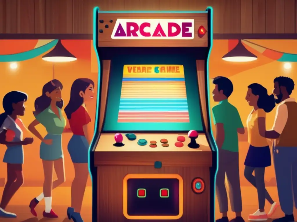 Encanto vintage: Diversión compartida en la sala de juegos Un grupo diverso juega videojuegos para procesar traumas en una máquina arcade vintage, iluminados por la cálida pantalla.