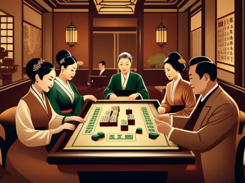 Un grupo de elegantes personas juega mahjong en un salón europeo, con detalles chinos. <b>Captura la historia y evolución del mahjong en Europa.