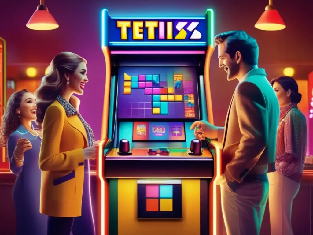 Un grupo emocionado juega Tetris en una máquina arcade vintage, rodeada de decoración retro. <b>Influencia psicología del juego Tetris.