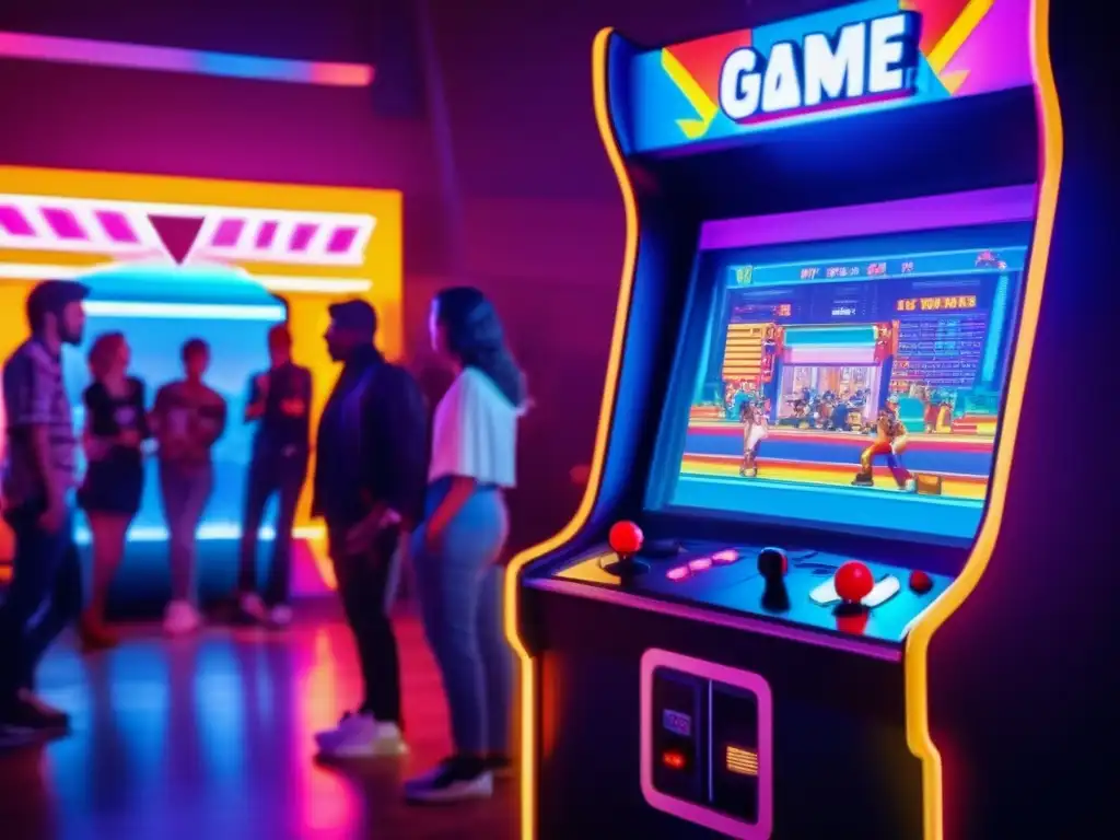 Un grupo de entusiastas gamers disfruta de una máquina arcade vintage con pantalla iluminada, sumergidos en la experiencia de los videojuegos. El ambiente nostálgico y envolvente refleja el impacto cultural de los videojuegos en la era.