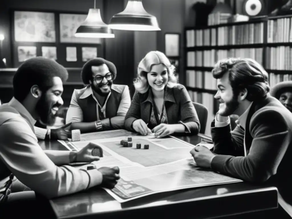 Un grupo de entusiastas del juego de rol histórico disfruta de una sesión en un ambiente nostálgico de los años 70.