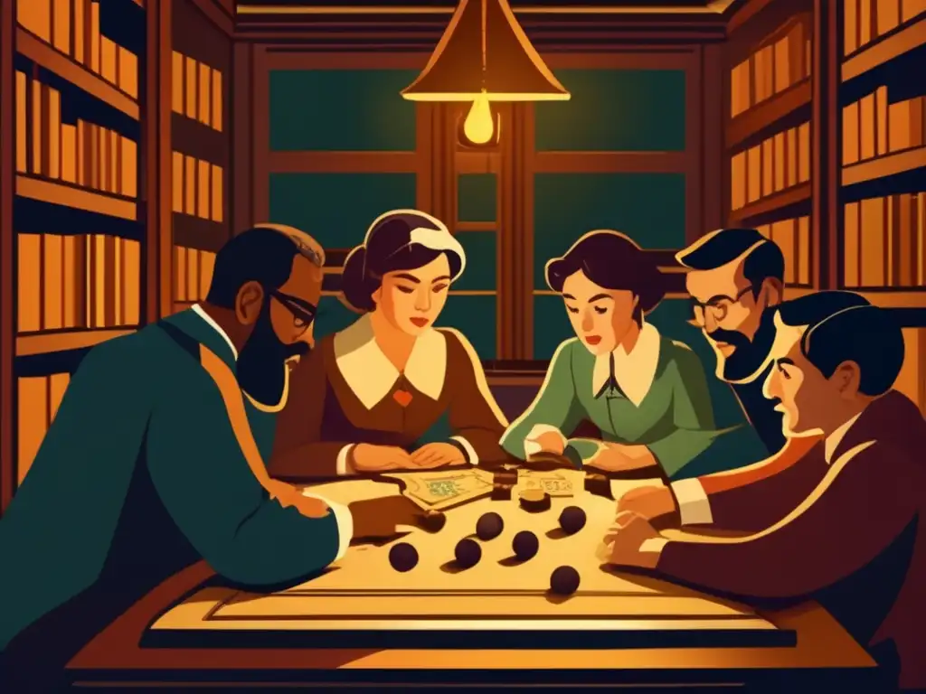 Un grupo de eruditos juega un antiguo juego de mesa en una biblioteca iluminada por velas, mostrando concentración y pensamiento estratégico.