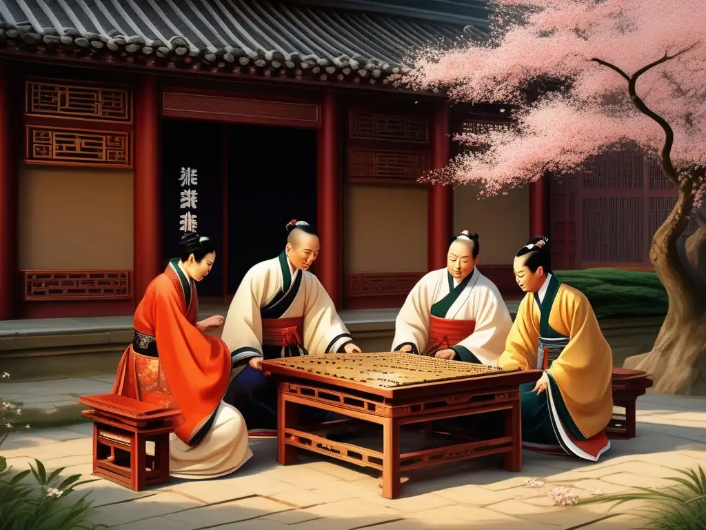 Un grupo de eruditos chinos juega dominó en un patio tradicional, rodeados de naturaleza exuberante y árboles de cerezo en flor. La cálida luz del sol ilumina la escena, resaltando la influencia china en la historia del dominó.