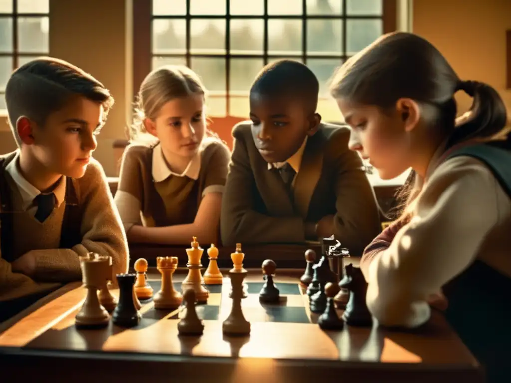 Un grupo de jóvenes estudiantes concentrados en un juego de ajedrez vintage en un aula iluminada por la luz del sol. <b>Pensamiento estratégico en jóvenes mediante ajedrez.