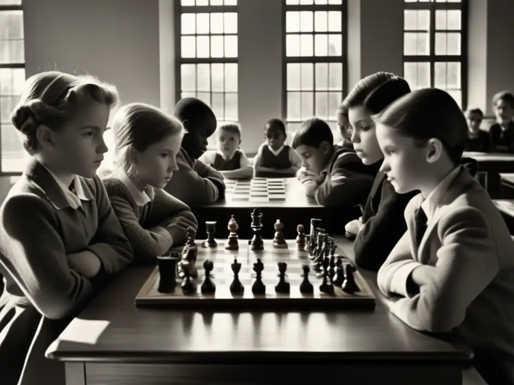 Un grupo de jóvenes estudiantes concentrados en una partida de ajedrez en un aula vintage. <b>Pensamiento estratégico en jóvenes mediante ajedrez.