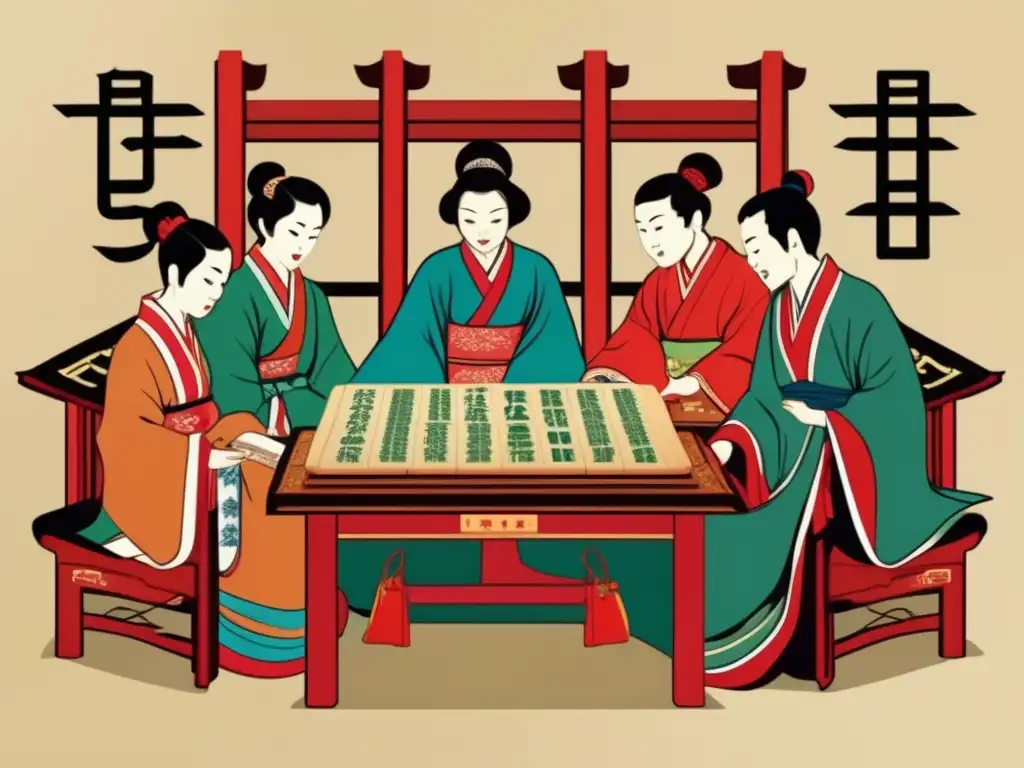 Un grupo de figuras literarias se reúne alrededor de una mesa de mahjong, con detalles intrincados y una atmósfera de sofisticación intelectual. Influencia del Mahjong en literatura