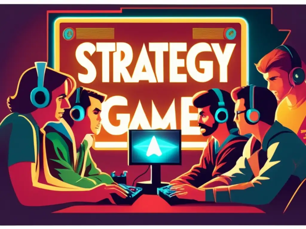 Un grupo de gamers inmersos en un juego de estrategia en un ambiente retro, evocando el impacto cultural de los juegos de estrategia en PC.