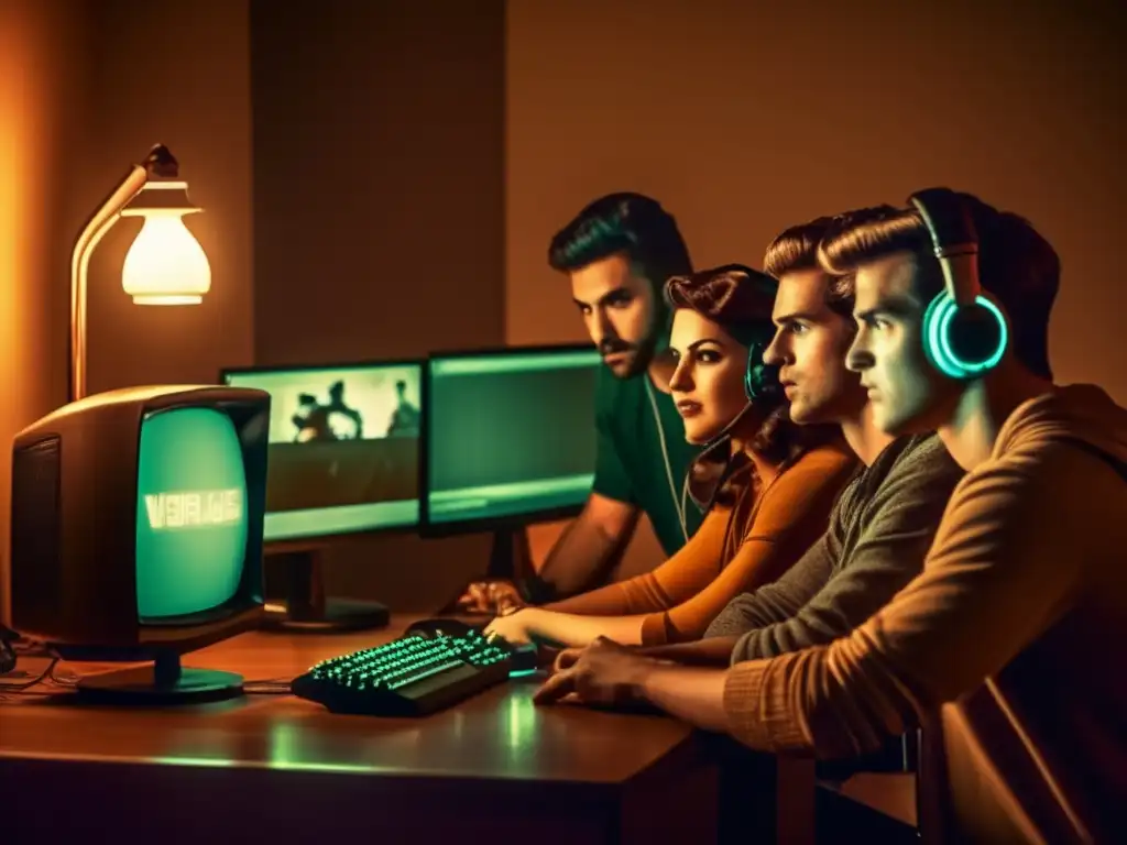 Un grupo de gamers modificando un videojuego en un ambiente vintage, con intensidad y nostalgia por el impacto cultural de los mods.