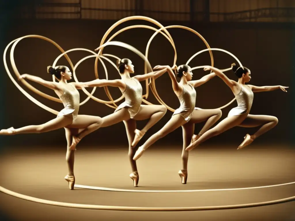 Un grupo de gimnastas rítmicas ejecutando una coreografía oculta en juegos rítmicos, desplegando movimientos sincronizados con elegancia y gracia.