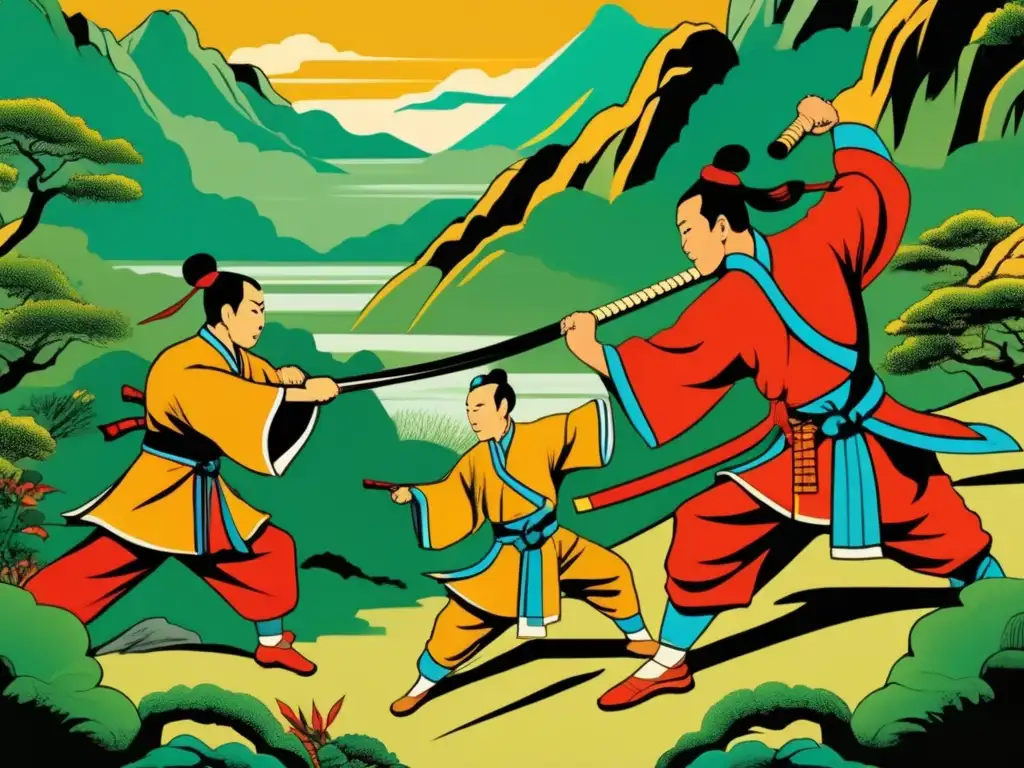 Un grupo de guerreros chinos practica Kung Fu en paisaje montañoso, evocando la estrategia antigua de China.