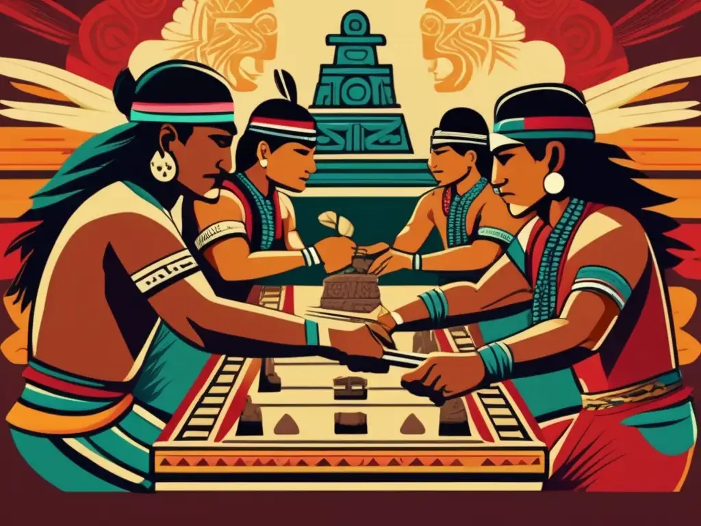 Grupo de guerreros mayas concentrados en el juego ancestral Puluc. <b>Detalles de vestimenta, armas y tablero.</b> <b>Origen y evolución del juego Puluc.