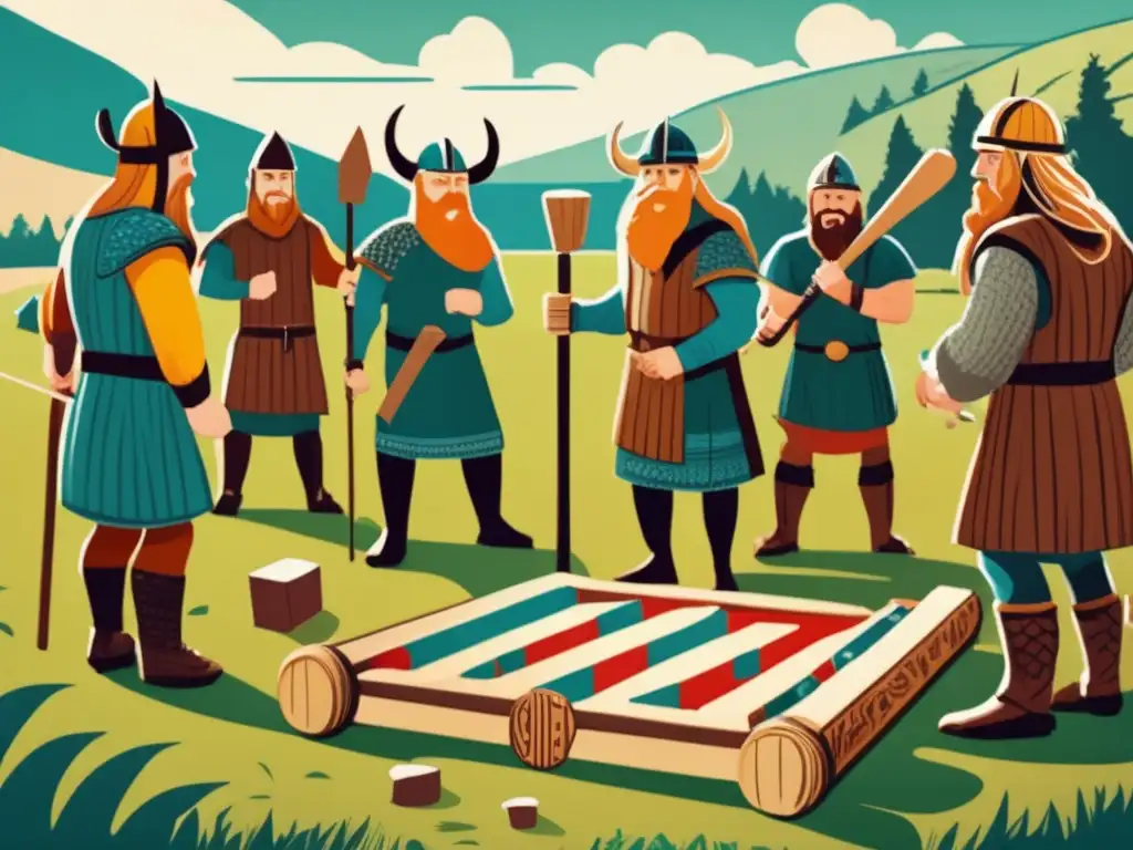 Un grupo de guerreros vikingos juega Kubb en un prado, con detalles de sus barcos y piezas del juego. <b>Resurgimiento del Kubb Vikingo.