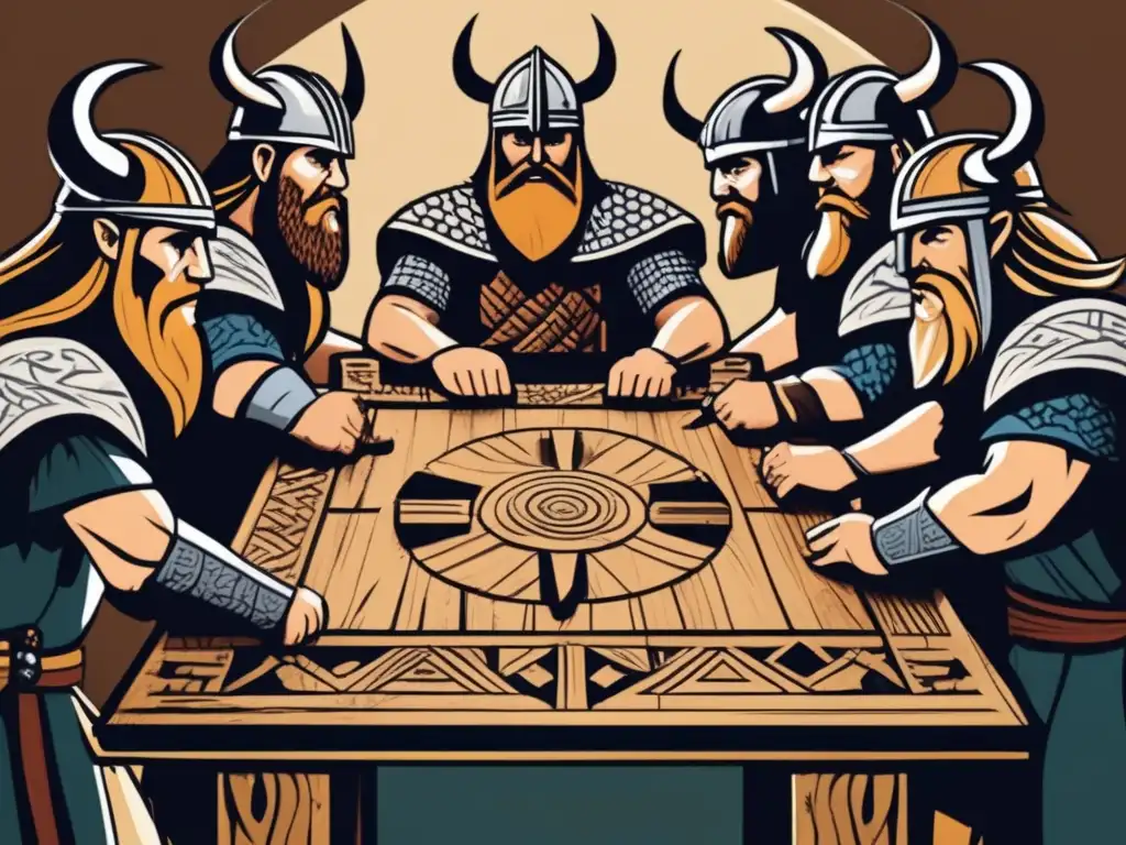 Un grupo de guerreros vikingos estrategizando alrededor de un tablero de juegos, con expresiones intensas y ceños fruncidos mientras planean su próximo movimiento. El tablero está adornado con símbolos rúnicos, y los guerreros visten atuendos históricamente precisos, con escudos y arm