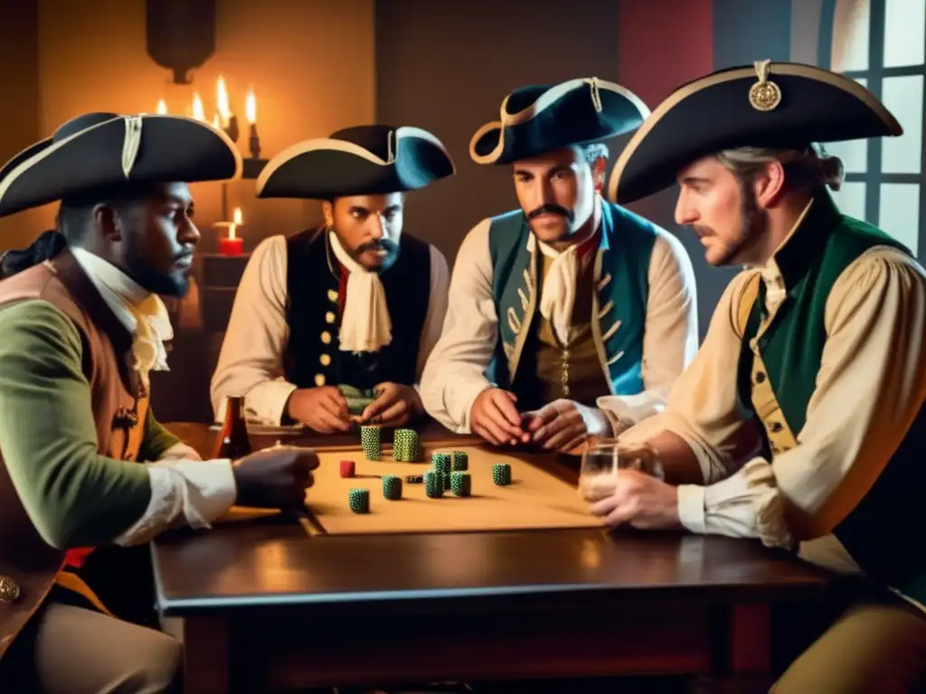 Un grupo de hombres de la era colonial juega dados en una habitación llena de humo y ambiente histórico.