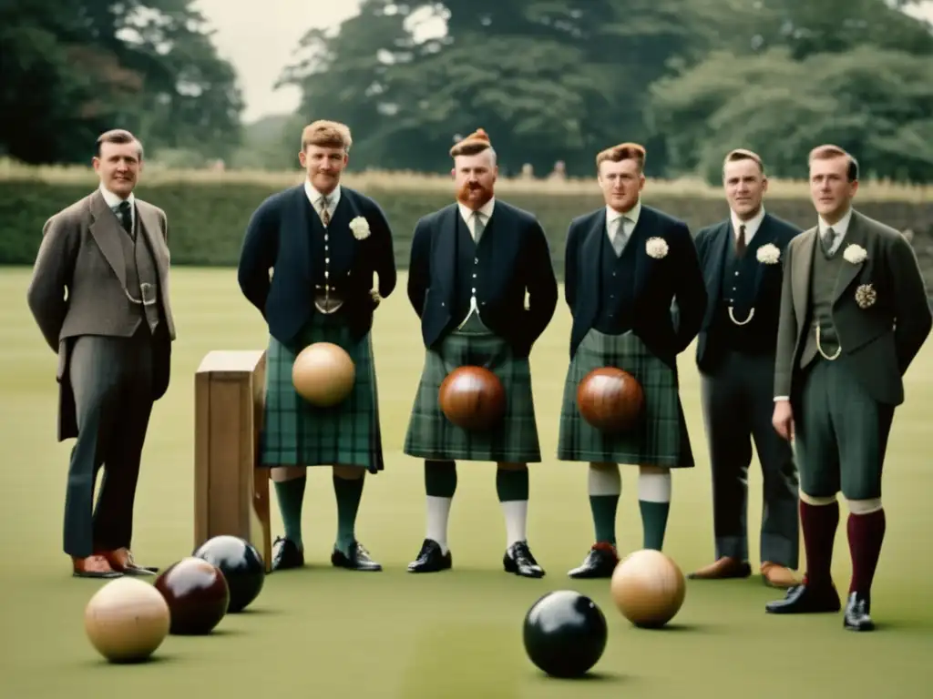 Un grupo de hombres escoceses en tradicionales atuendos juegan bolos escoceses con determinación en un hermoso paisaje de colinas.