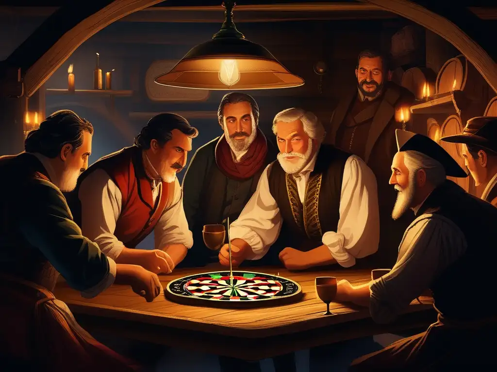 Un grupo de hombres europeos en ropa tradicional juega dardos en una taberna vintage. <b>Evolución del juego de dardos Europa.