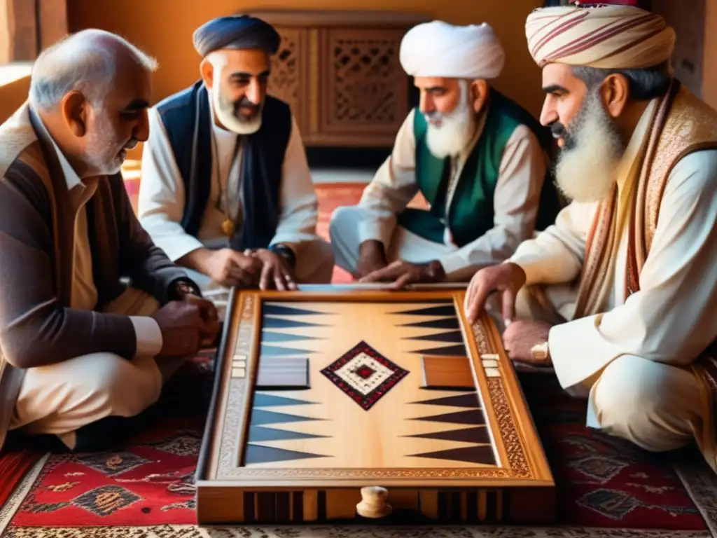 Un grupo de hombres mayores vistiendo ropa tradicional del Medio Oriente juegan backgammon en una habitación iluminada por la cálida luz de la tarde, capturando la esencia de la preservación de juegos tradicionales en Medio Oriente.