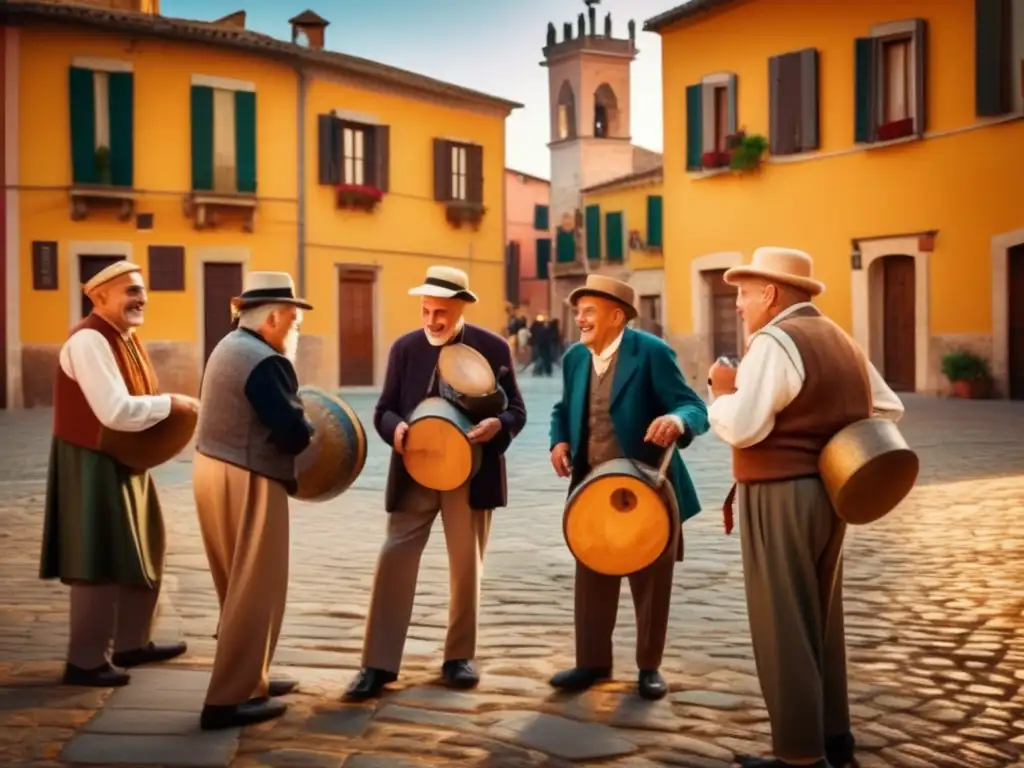 Un grupo de hombres mayores en trajes tradicionales italianos juega a las bochas en una pintoresca plaza de pueblo, con edificios coloridos y desgastados al fondo. La luz dorada del sol crea un ambiente cálido, resaltando los detalles de las calles empedradas y las expresiones concentradas de los