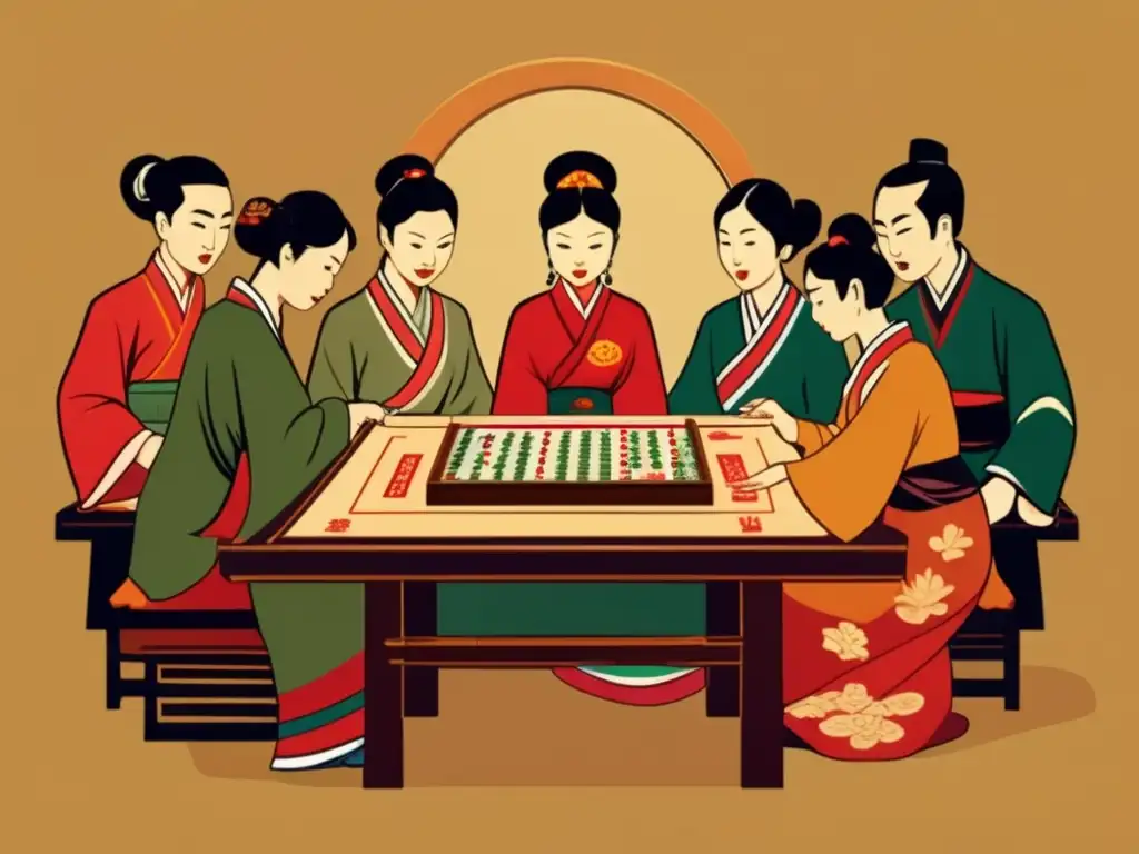 Un grupo de hombres y mujeres chinos juegan majiang con concentración. <b>Detalles y expresiones transmiten la influencia del majiang en la cultura china.