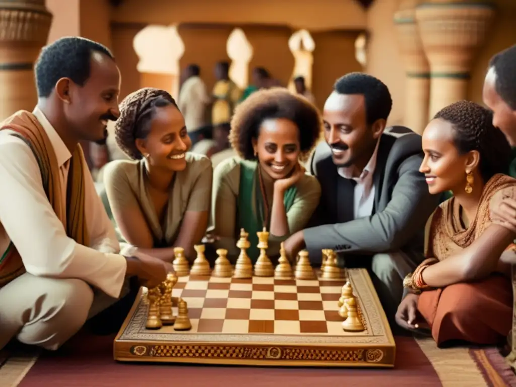 Un grupo de hombres y mujeres etíopes juegan ajedrez en un entorno vintage, mostrando la historia del ajedrez etíope.