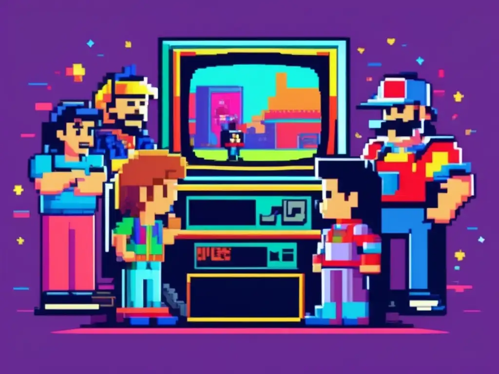 Un grupo de icónicos personajes de videojuegos de los 80s y 90s se reúnen alrededor de un televisor vintage para ver su propia serie animada. La imagen evoca nostalgia y emoción por la era de las series animadas basadas en videojuegos.