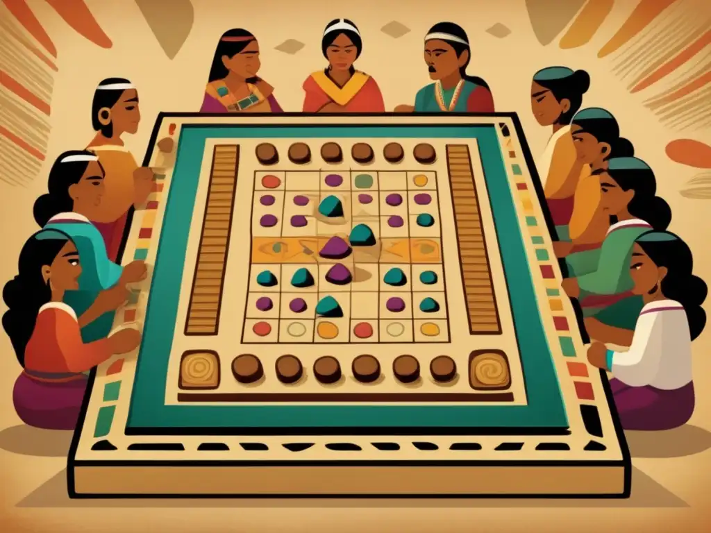 Un grupo de individuos mesoamericanos juega Ayoayo, mostrando sabiduría estratégica en una ilustración vintage. <b>Juego milenario Ayoayo estrategia.