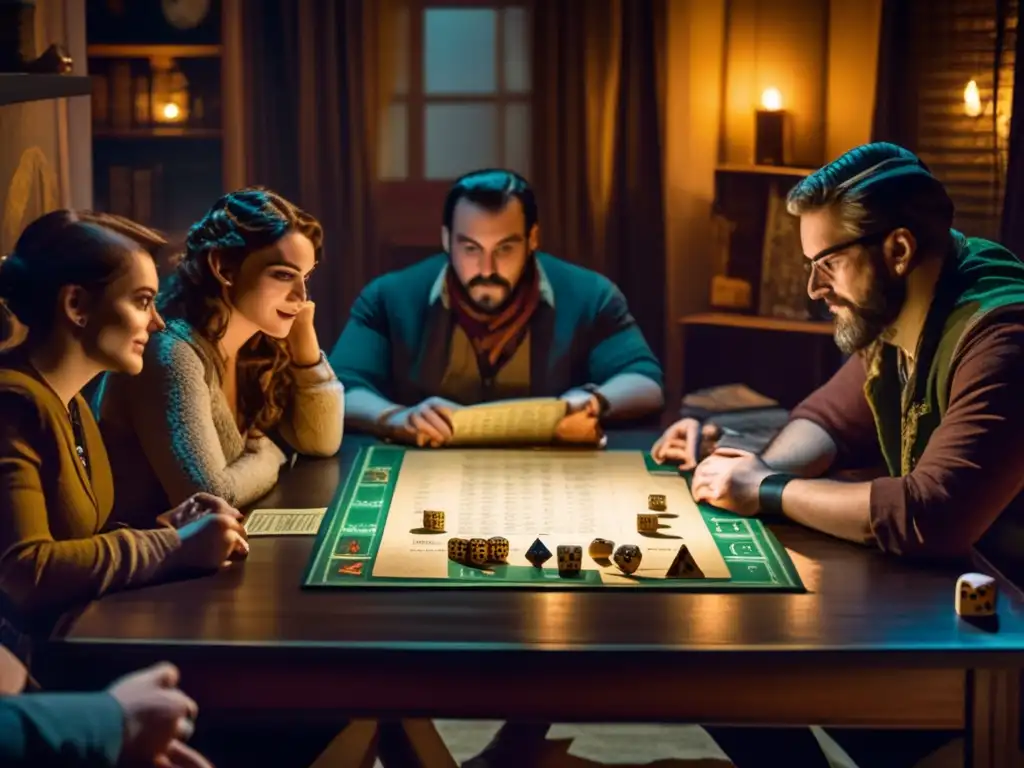 Un grupo inmerso en la construcción de personajes en juegos de rol, en una atmósfera cálida y envolvente de una partida de rol de mesa.