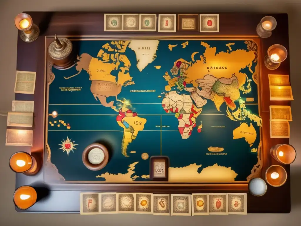 Grupo inmerso en un juego de diplomacia en una mesa de madera con mapamundi. <b>Uso de juegos de mesa en diplomacia.