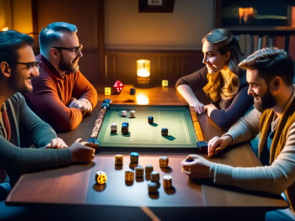 Un grupo inmerso en una partida de rol de mesa, con dados vintage y una narrativa oral en juegos de rol que crea una atmósfera cálida y nostálgica.
